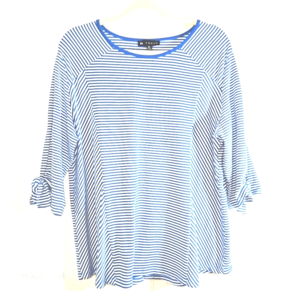 N TOUCH WOMEN'S BLUE WHITE STRIPED TOP OPEN SLEEVE  BLOUSE SIZE XL